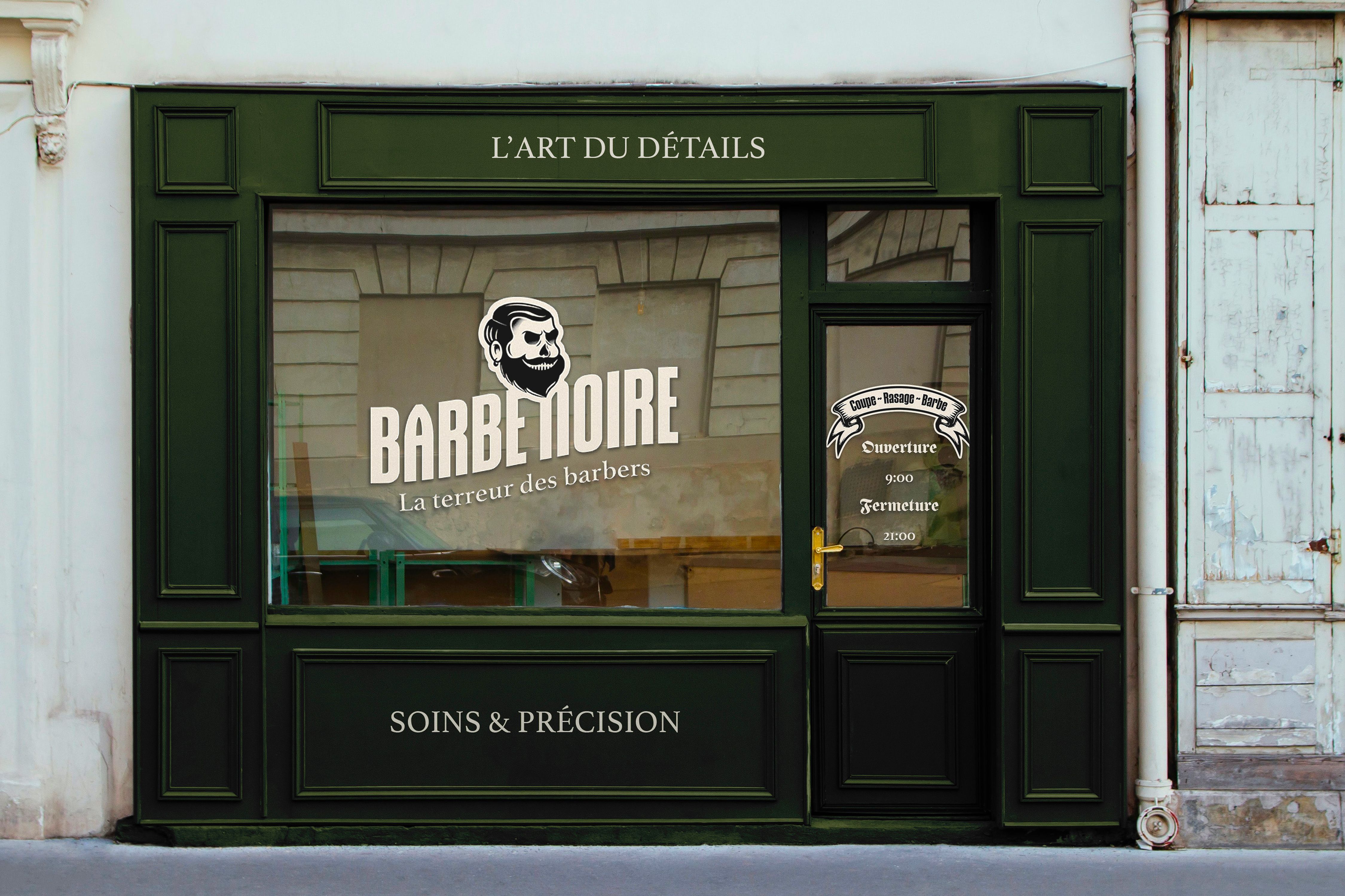 Devanture du barber shop avec le cover barbe noire